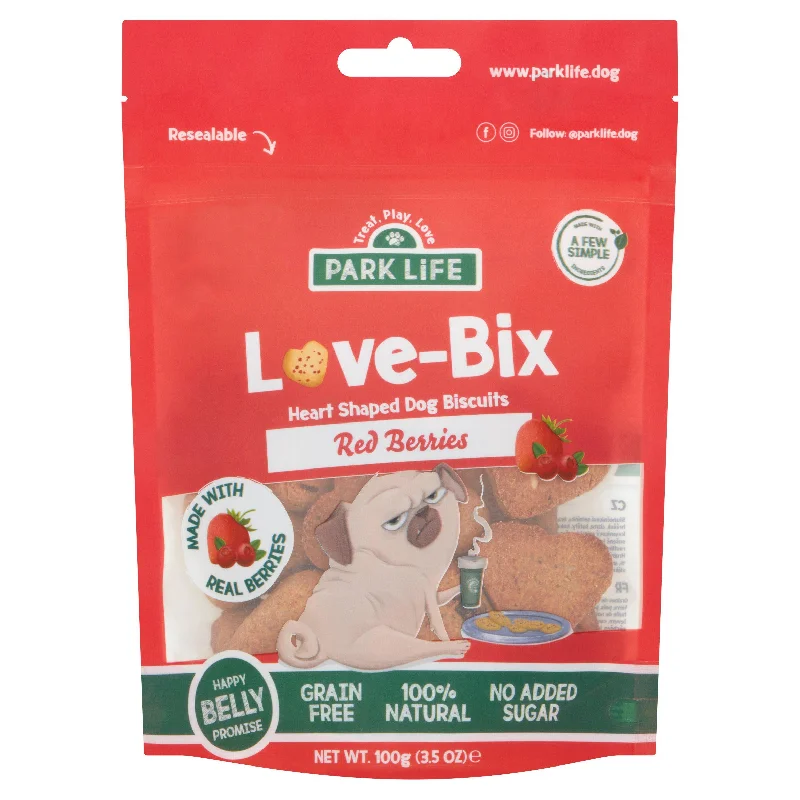 - Dog disposable foam shower gelPark Life Love Bix Heart Shaped Dog Biscuits Red Berries 100g